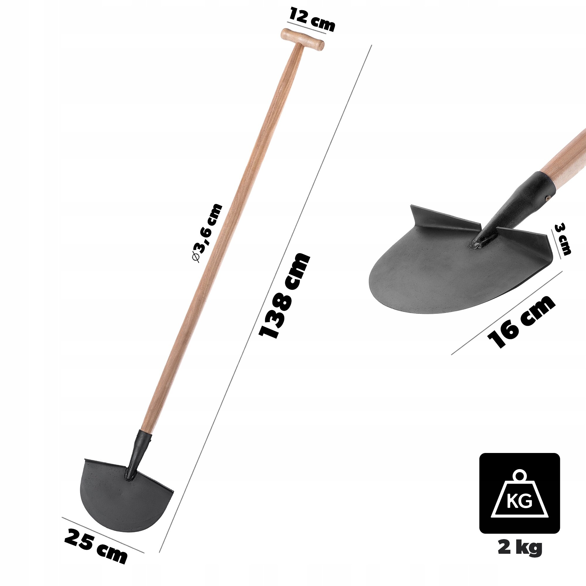Obraz przedstawia metalowy ucinacz do darni z drewnianym trzonkiem o długości 138 cm i szerokości 25 cm. Waga narzędzia wynosi 2 kg.