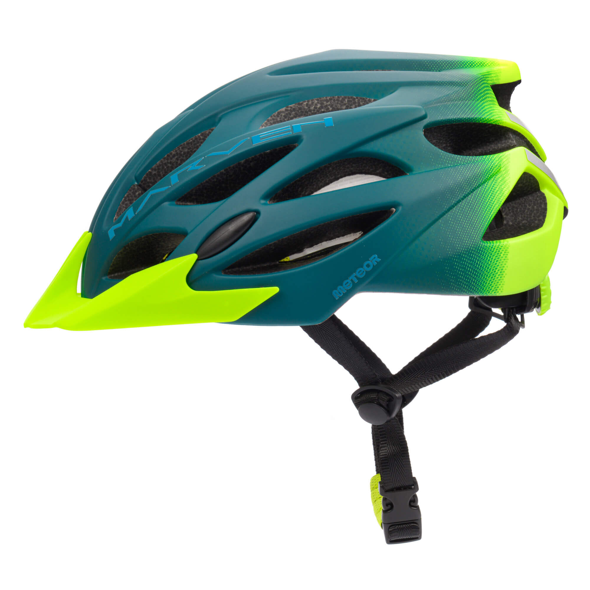 Kask rowerowy w kolorze zielono-niebieskim z żółtymi akcentami, posiada otwory wentylacyjne i regulowane zapięcie. Na kasku widoczne jest logo \'METEOR\'.