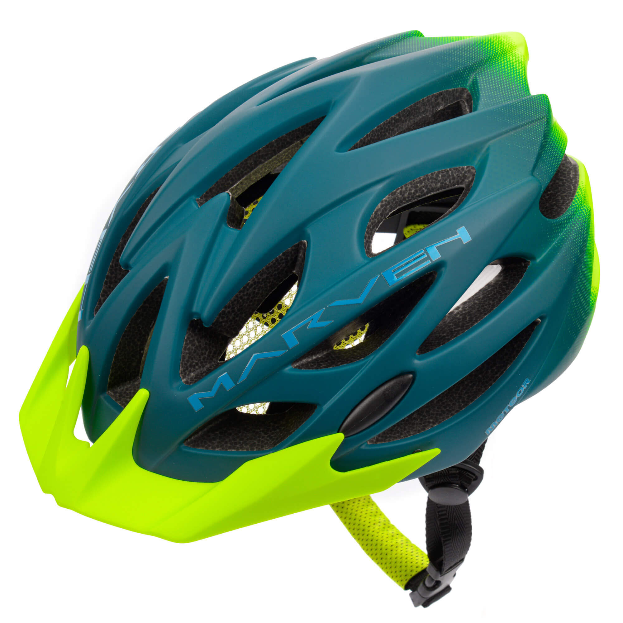 Kask rowerowy w kolorze zielono-niebieskim z widocznymi otworami wentylacyjnymi i napisem \'MARVEN\'.