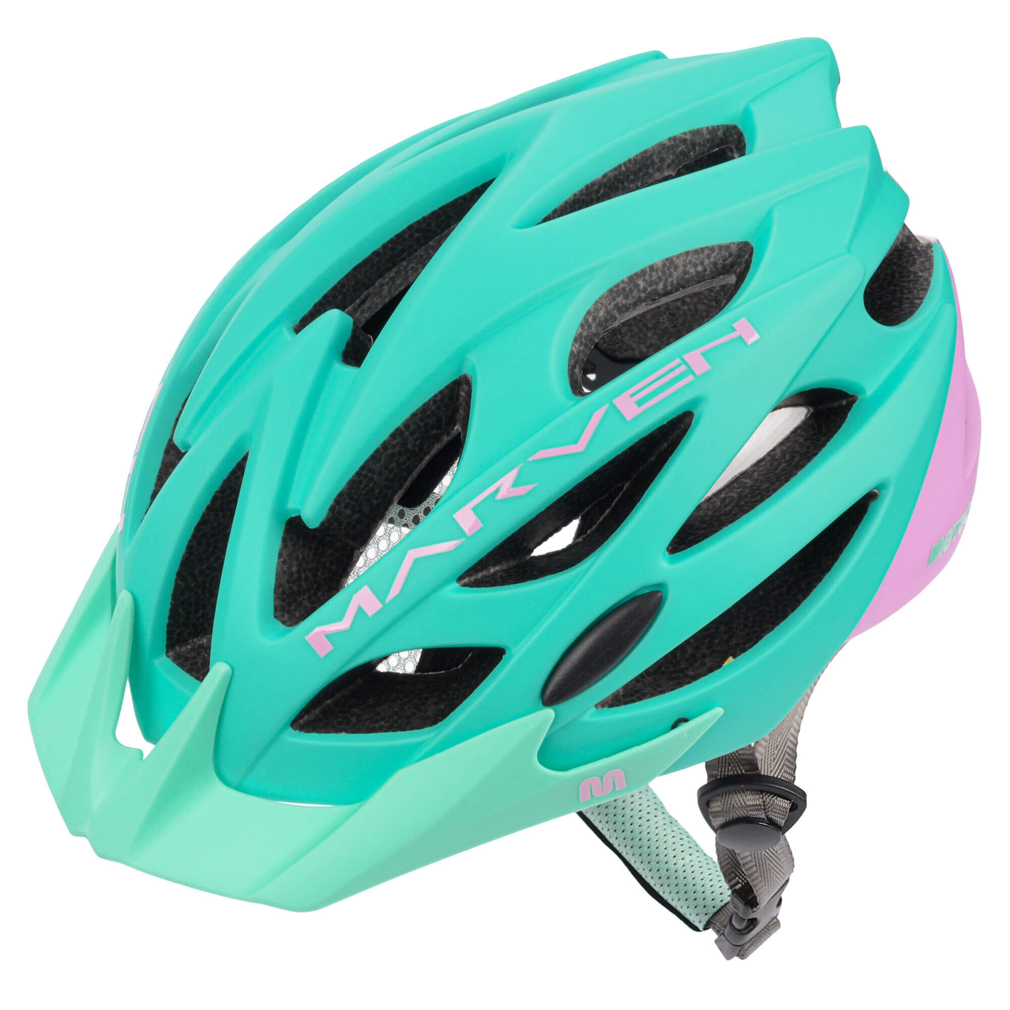 Kask rowerowy w kolorze turkusowym z różowym napisem \'MARVEN\' i otworami wentylacyjnymi. Posiada regulowany pasek pod brodą.