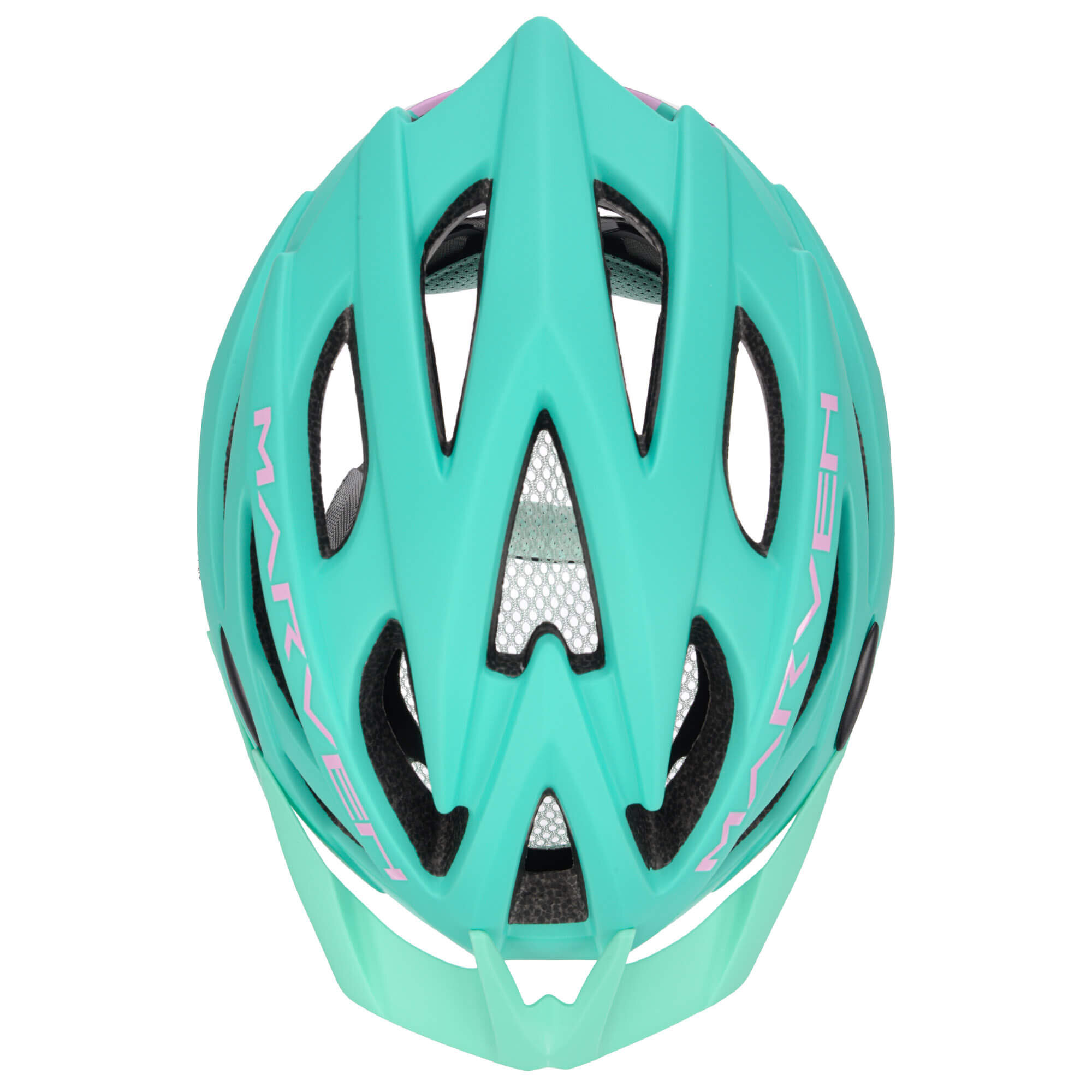 Kask rowerowy w kolorze turkusowym z otworami wentylacyjnymi i siatką. Na kasku widoczny jest napis \'MARVEN\'.