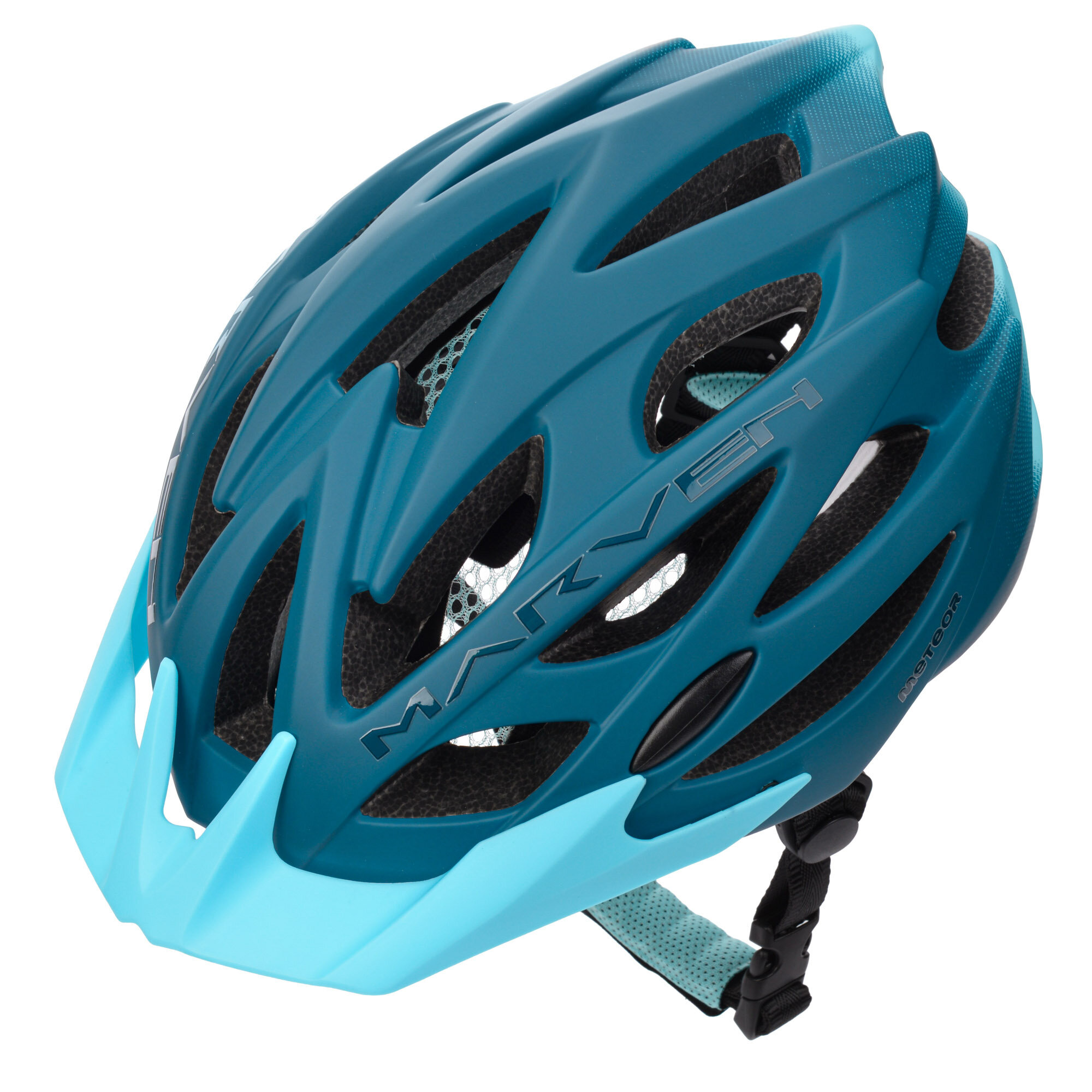 Kask rowerowy w kolorze niebieskim z otworami wentylacyjnymi i siatką. Na kasku widoczny jest napis \'MARVEN\'.