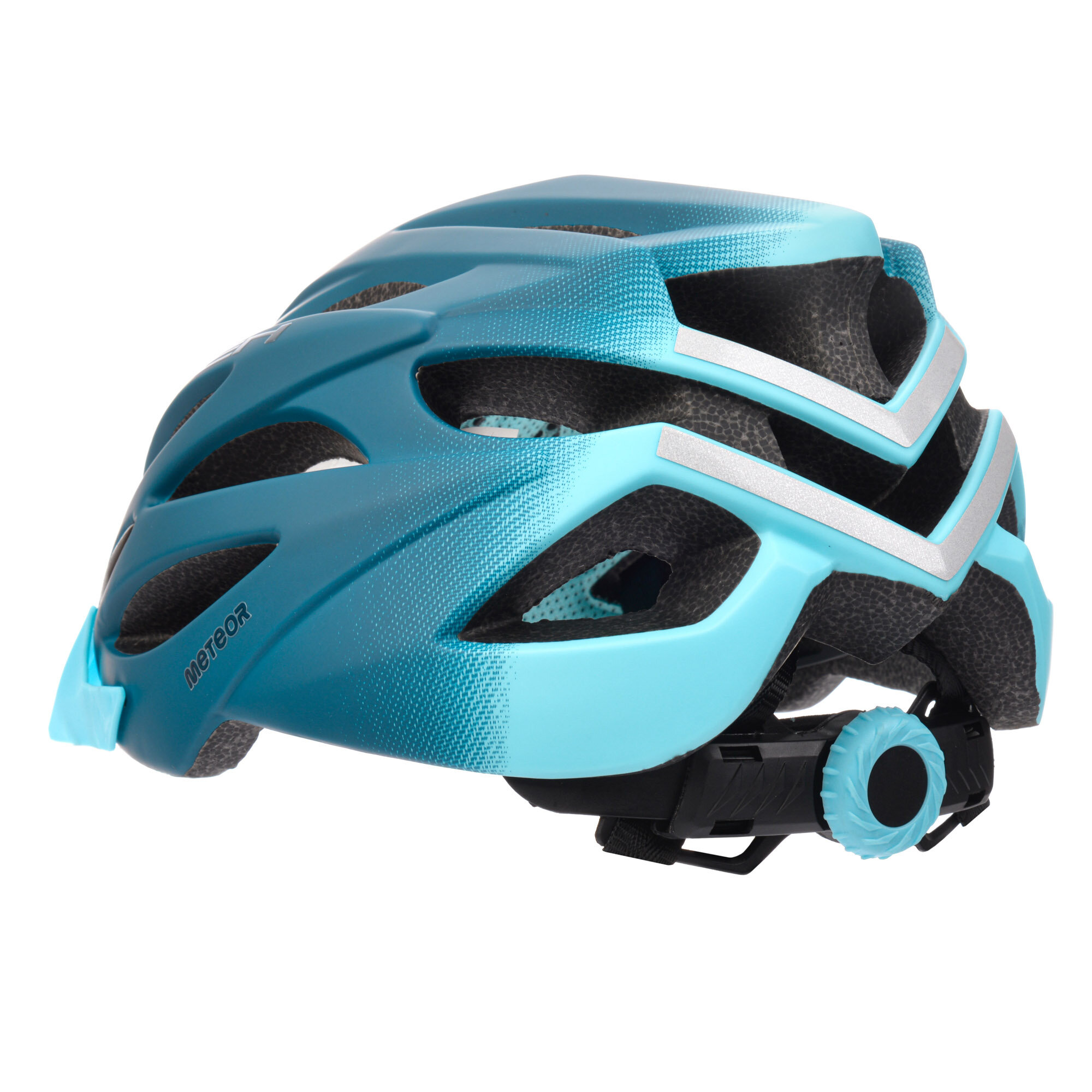 Niebieski kask rowerowy z otworami wentylacyjnymi i regulacją, z widocznym napisem \'Meteor\'.
