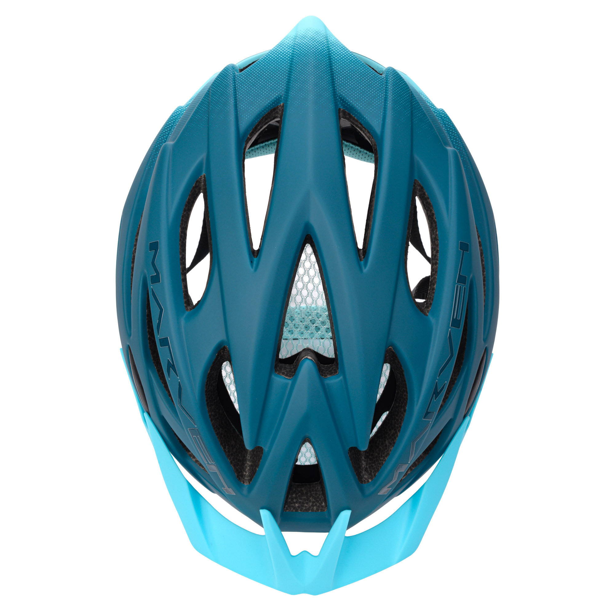 Kask rowerowy w kolorze niebieskim z widocznymi otworami wentylacyjnymi i siatką. Na kasku znajduje się napis \'MARVEN\'.