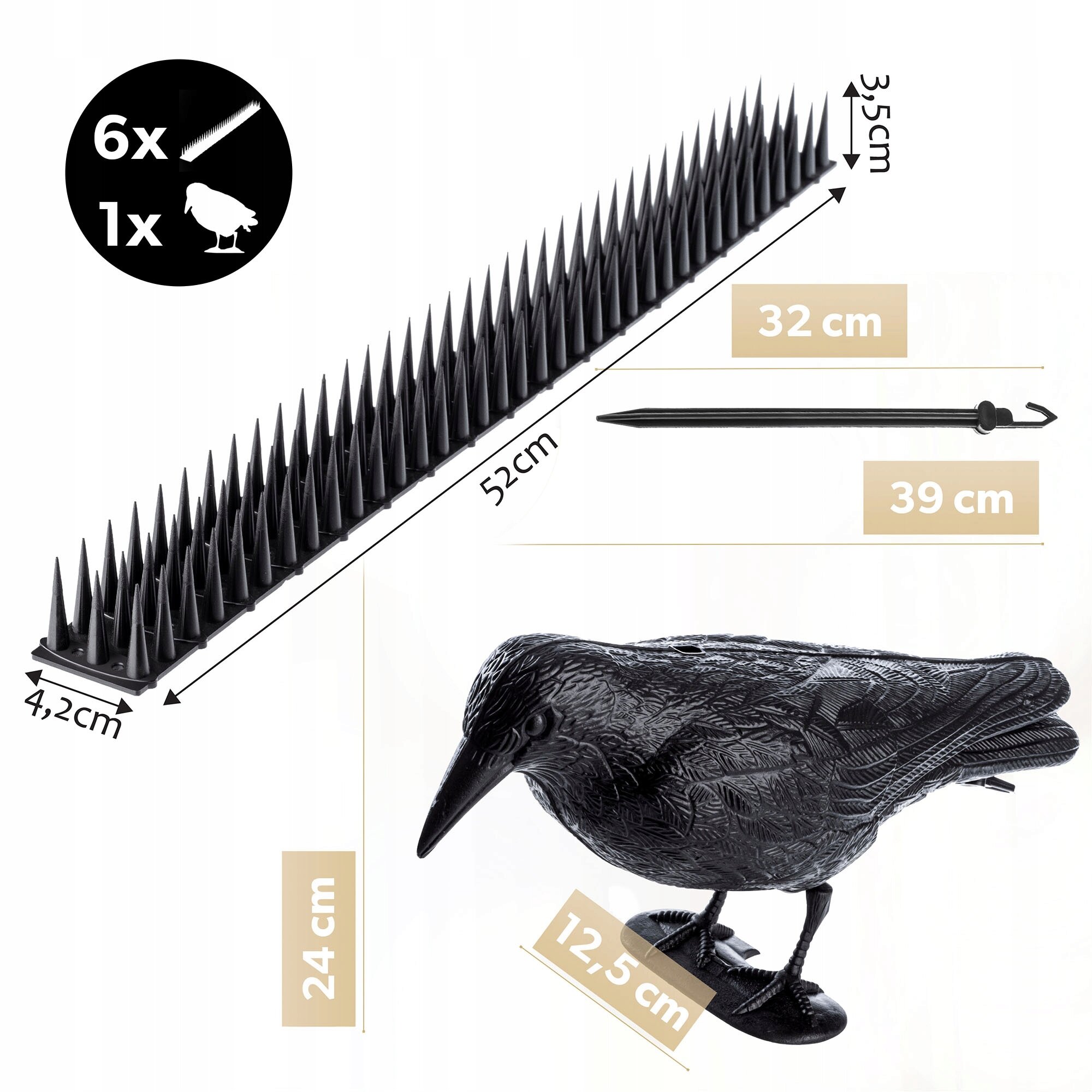 Obraz przedstawia czarny model kruka oraz zestaw czarnych kolców o długości 52 cm i wysokości 3,5 cm. Widoczne są również wymiary: kruk 24 cm wysokości i 12,5 cm szerokości, a szpikulec 39 cm długości.