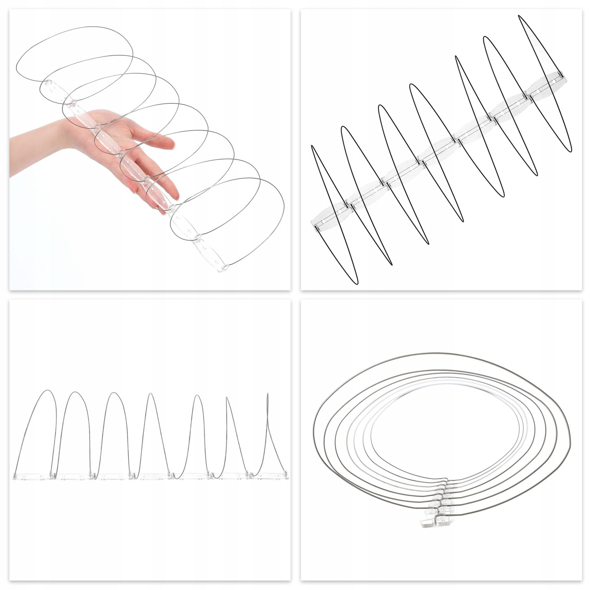 Na obrazie widoczne są metalowe spirale zamocowane na przezroczystej podstawie, trzymane w dłoni oraz przedstawione z różnych perspektyw. Produkt jest przeznaczony do odstraszania ptaków.
