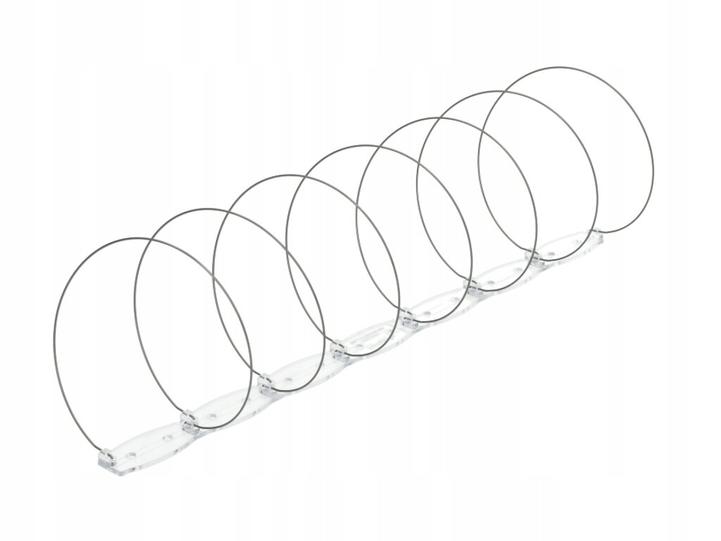 Na obrazie widoczne są metalowe spirale zamontowane na przezroczystej podstawie, służące jako zabezpieczenie przed ptakami. Spirale są równomiernie rozmieszczone i mają regularny kształt.