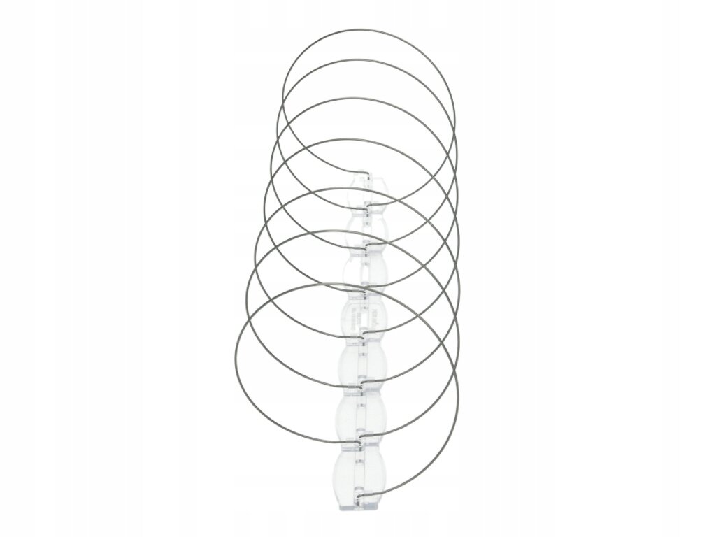 Obraz przedstawia metalową spiralę z przezroczystymi elementami mocującymi. Spirala jest przeznaczona do odstraszania ptaków.