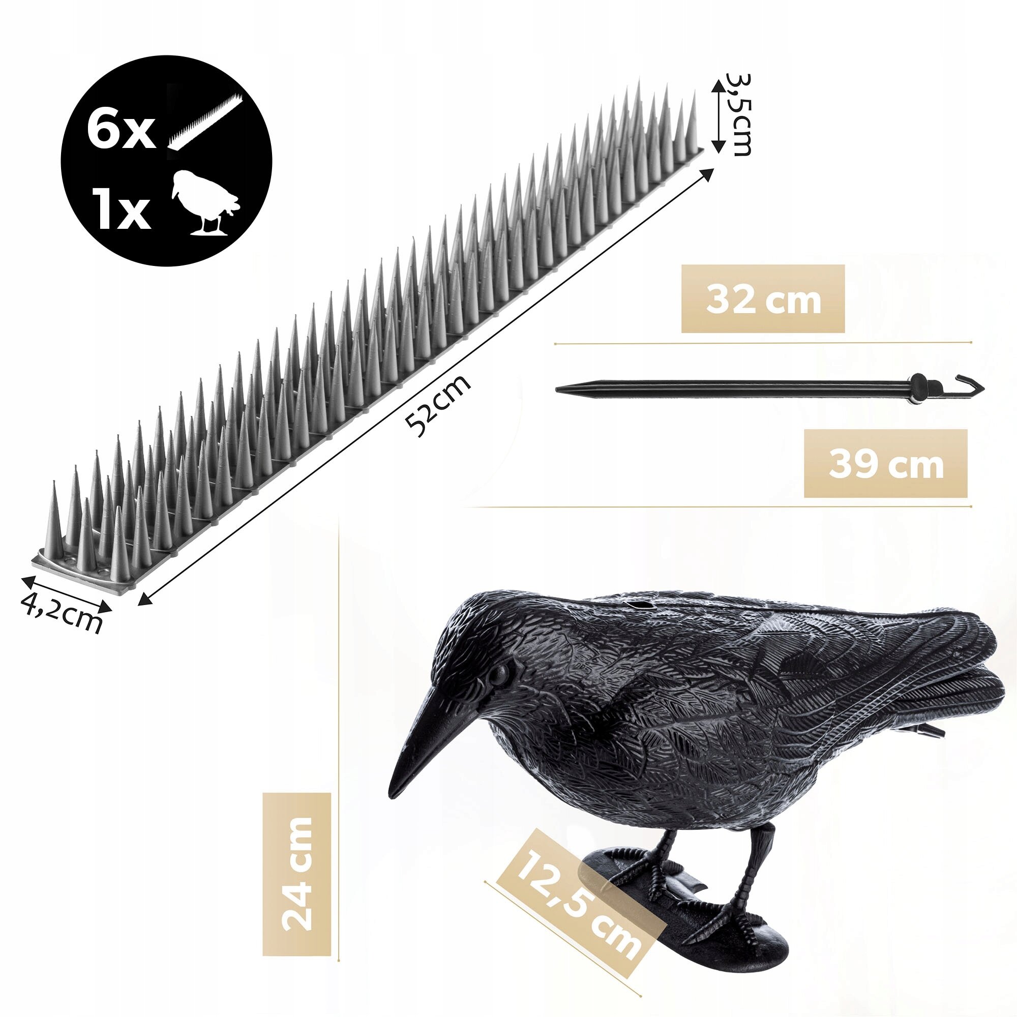 Obraz przedstawia plastikowego kruka oraz zestaw kolców o długości 52 cm i wysokości 3,5 cm. Widoczne są również wymiary kruka: 24 cm wysokości i 12,5 cm szerokości, oraz szpilki o długości 39 cm.