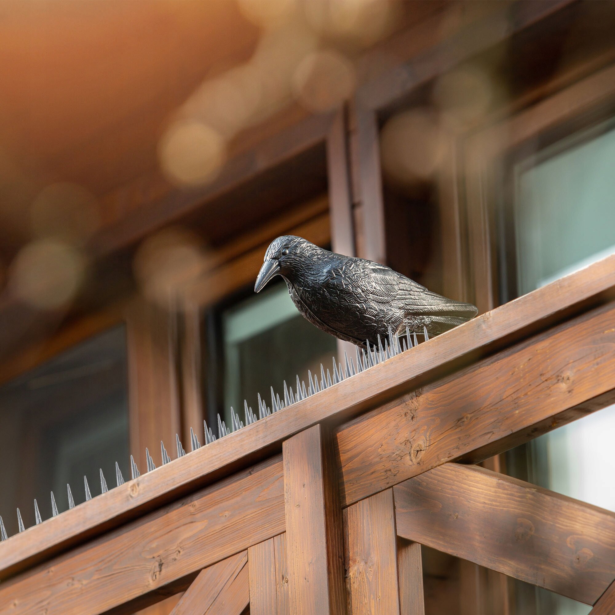 Na drewnianej balustradzie znajduje się czarny model kruka, otoczony gęstymi kolcami. W tle widoczne są okna budynku.