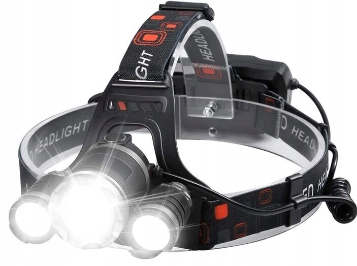 Latarka czołowa z trzema jasnymi diodami LED, zamocowana na regulowanym pasku z napisem \'HEADLIGHT\'.