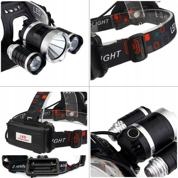 Zdjęcie przedstawia mocną latarkę czołową z trzema regulowanymi diodami LED. Na pasku widoczny jest napis \'LED HEADLIGHT\'.
