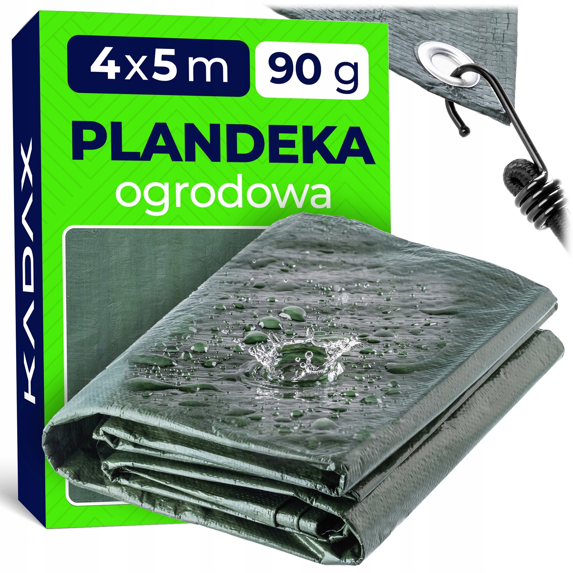 Na obrazie widoczna jest zielona plandeka ogrodowa z napisem \'3x4m 90g PLANDKA ogrodowa\' oraz logo \'KADAX\'. Plandeka jest złożona, a na jej powierzchni znajdują się krople wody, co sugeruje wodoodporność.