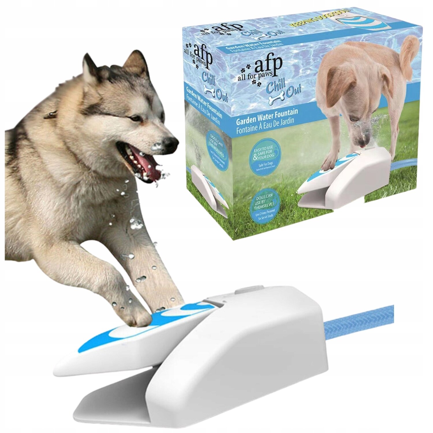 Na obrazie widoczny jest pies korzystający z automatycznej fontanny do wody, a obok znajduje się opakowanie produktu z napisem \'afp all for paws Chill Out Garden Water Fountain\'.