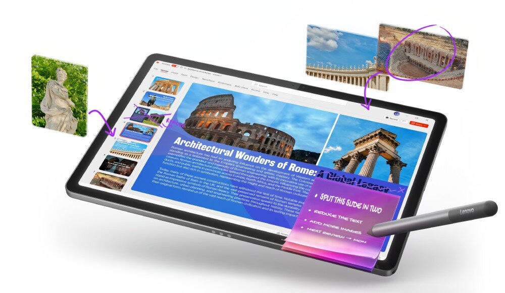Tablet z wyświetlaczem pokazującym stronę z tekstem \'Architectural Wonders of Rome: A Digital Legacy\', otoczony obrazkami przedstawiającymi zabytki. Obok tabletu znajduje się rysik z logo \'Lenovo\'.
