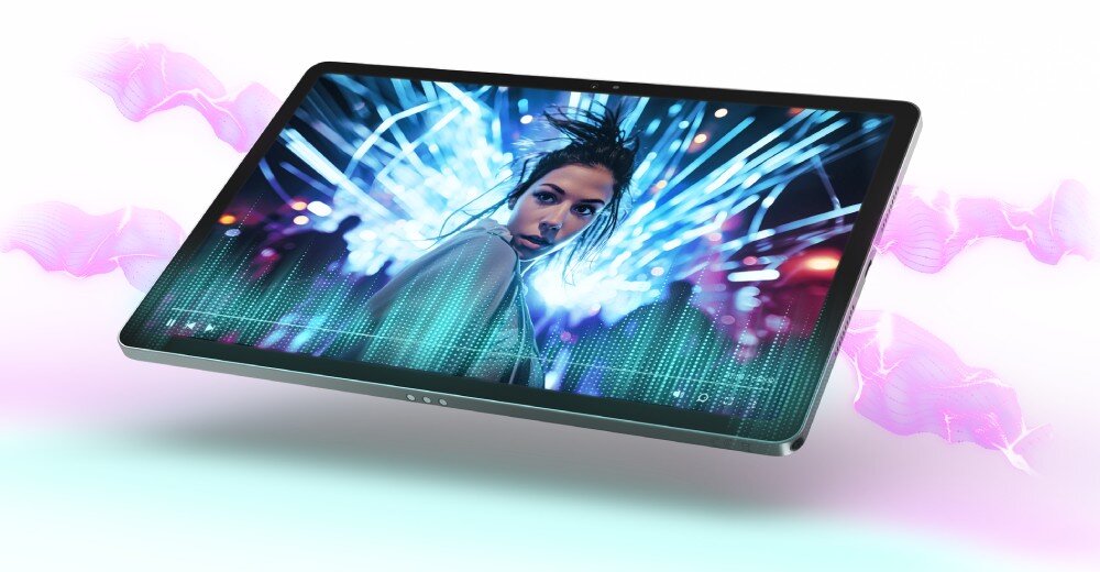 Tablet z wyświetlaczem pokazującym kobietę na tle jasnych, dynamicznych wzorów świetlnych. Obraz jest otoczony różowymi i niebieskimi efektami świetlnymi.