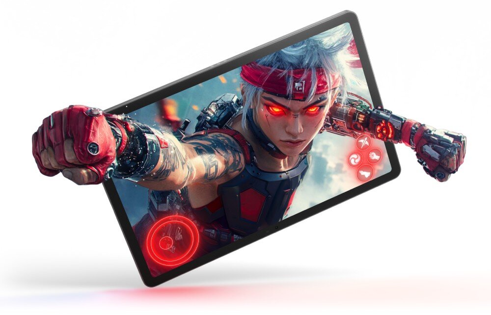 Tablet wyświetla dynamiczną grafikę z postacią o białych włosach i świecących czerwonych oczach, z wyciągniętą pięścią. W tle widoczne są efekty świetlne i ikony na ekranie.