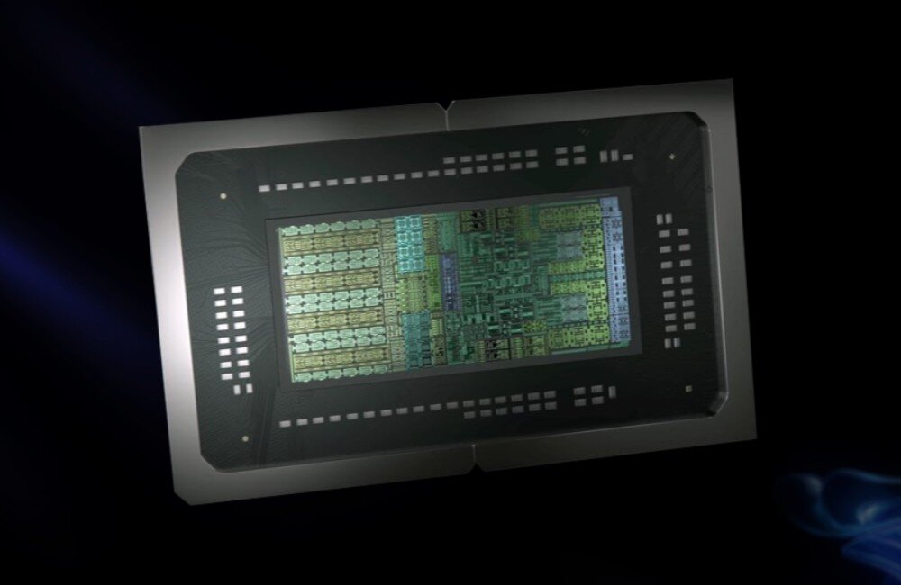 Komputer GIGABYTE AI Top Atom ARM Wygląd odsłoniętego procesora komputerowego z widoczną strukturą mikroczipa na ciemnym tle