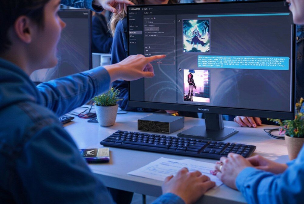 Komputer GIGABYTE AI Top Atom ARM Osoba wskazująca palcem na ekran monitora stojącego przy małym komputerze na biurku