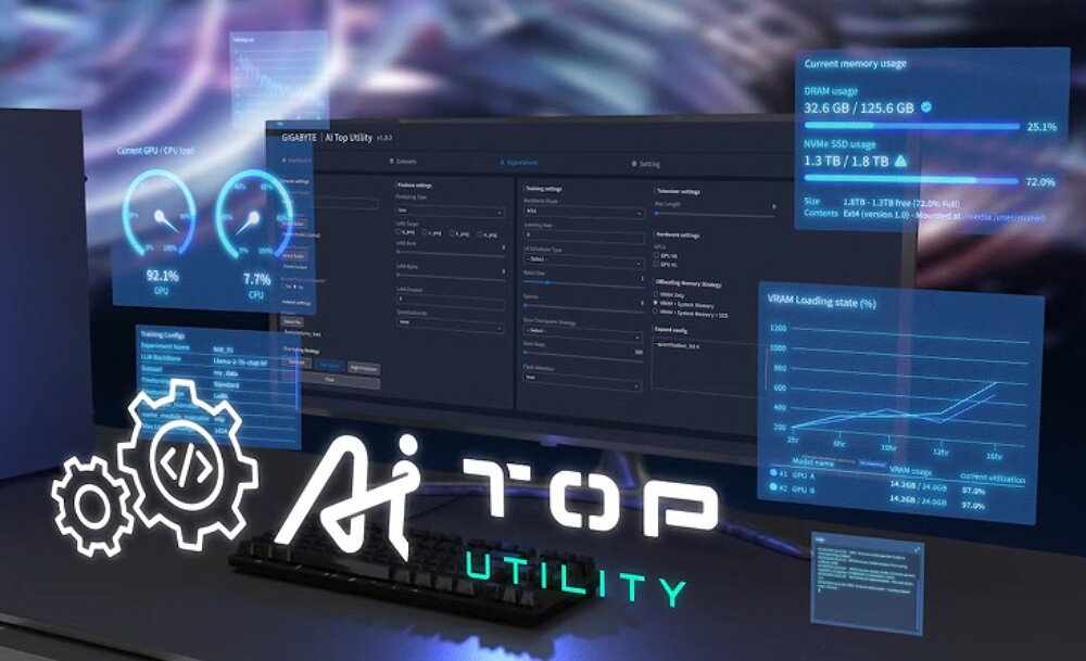 Komputer GIGABYTE AI Top Atom ARM Ekran monitora wyświetlający interfejs oprogramowania 'AI TOP Utility' z wykresami i statystykami