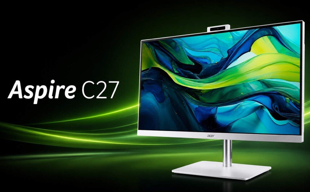 Komputer All in One ACER Aspire C27A-GRPL Komputer typu All-in-One usytuowany pod kątem obok napisu 'Aspire C27' na tle abstrakcyjnych fal
