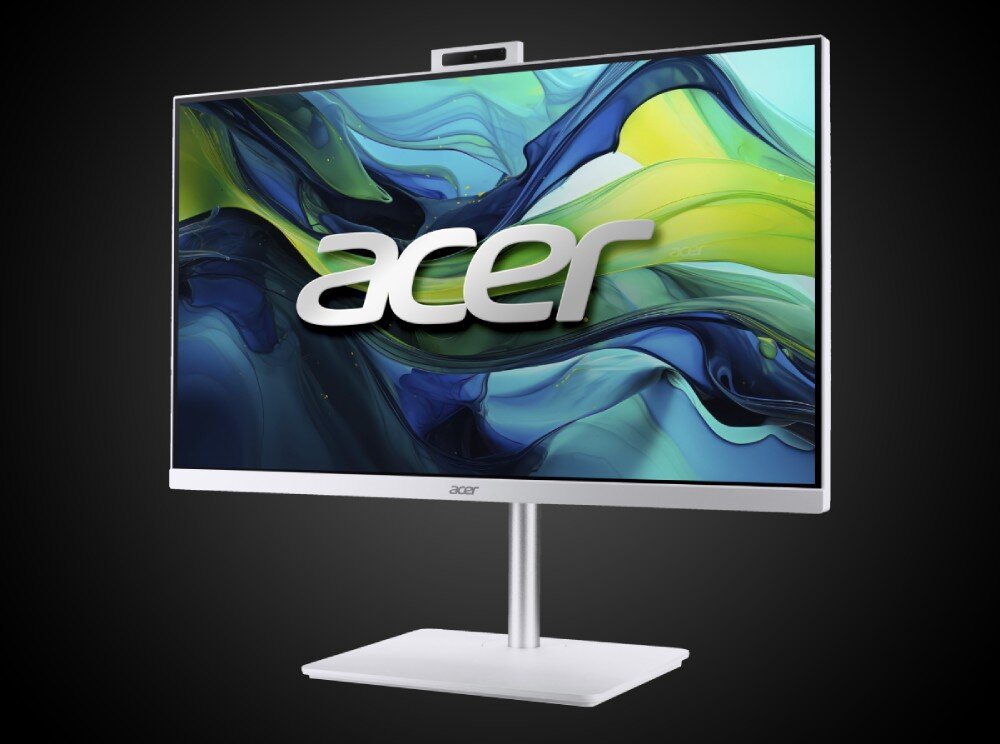 Komputer All in One ACER Aspire C27A-GRPL Komputer All-in-One widoczny pod kątem z dużym napisem 'acer' wyświetlanym na ekranie