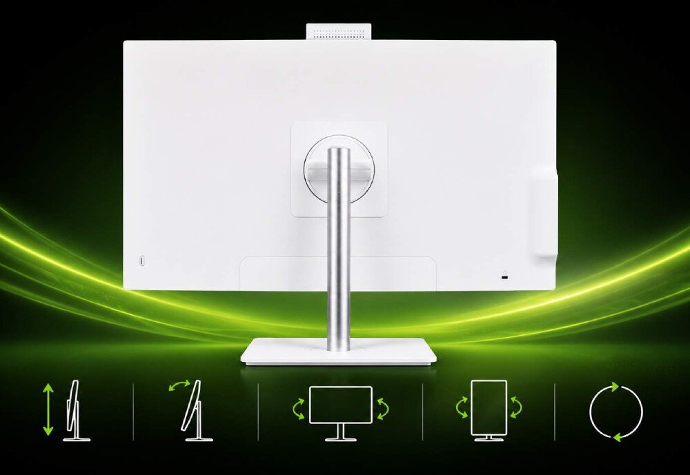 Komputer All in One ACER Aspire C27A-GRPL Tył komputera All-in-One na regulowanej podstawce oraz ikony symbolizujące możliwości regulacji ekranu
