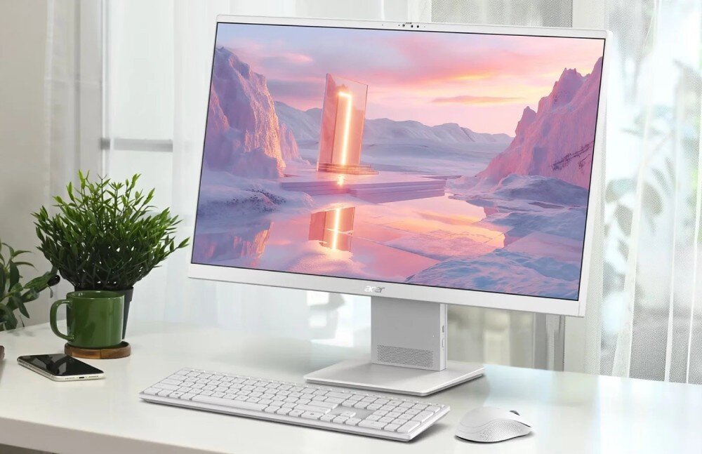 Na biurku stoi komputer All in One z dużym monitorem, klawiaturą i myszką. Na ekranie wyświetlany jest krajobraz z różowymi górami i wodą, a na obudowie widoczne jest logo \'Acer\'.