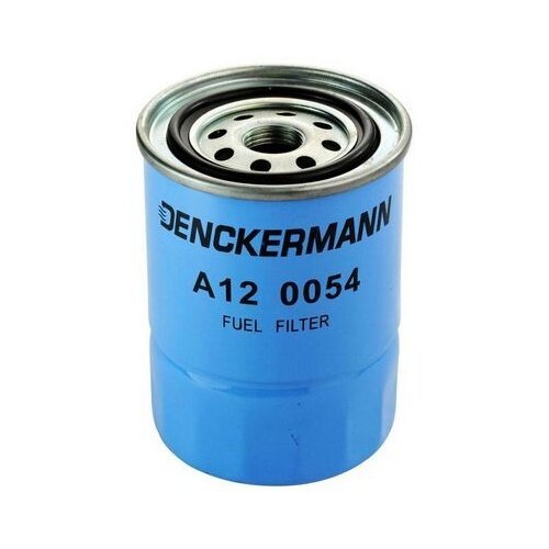 Na obrazie widoczny jest niebieski filtr paliwa z napisem \'DENCKERMANN A12 0054 FUEL FILTER\'.