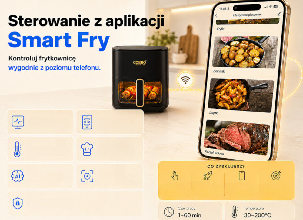 Obraz przedstawia frytkownicę beztłuszczową COBBO Smart Fry 360 AI oraz smartfon z aplikacją do jej sterowania. Na ekranie telefonu widoczne są opcje pieczenia: Frytki, Ziemniaki, Cząstki, Pieczeń wołowa, a obok frytkownicy znajduje się tekst: \'Sterowanie z aplikacji Smart Fry. Kontroluj frytkownicę wygodnie z poziomu telefonu.\'