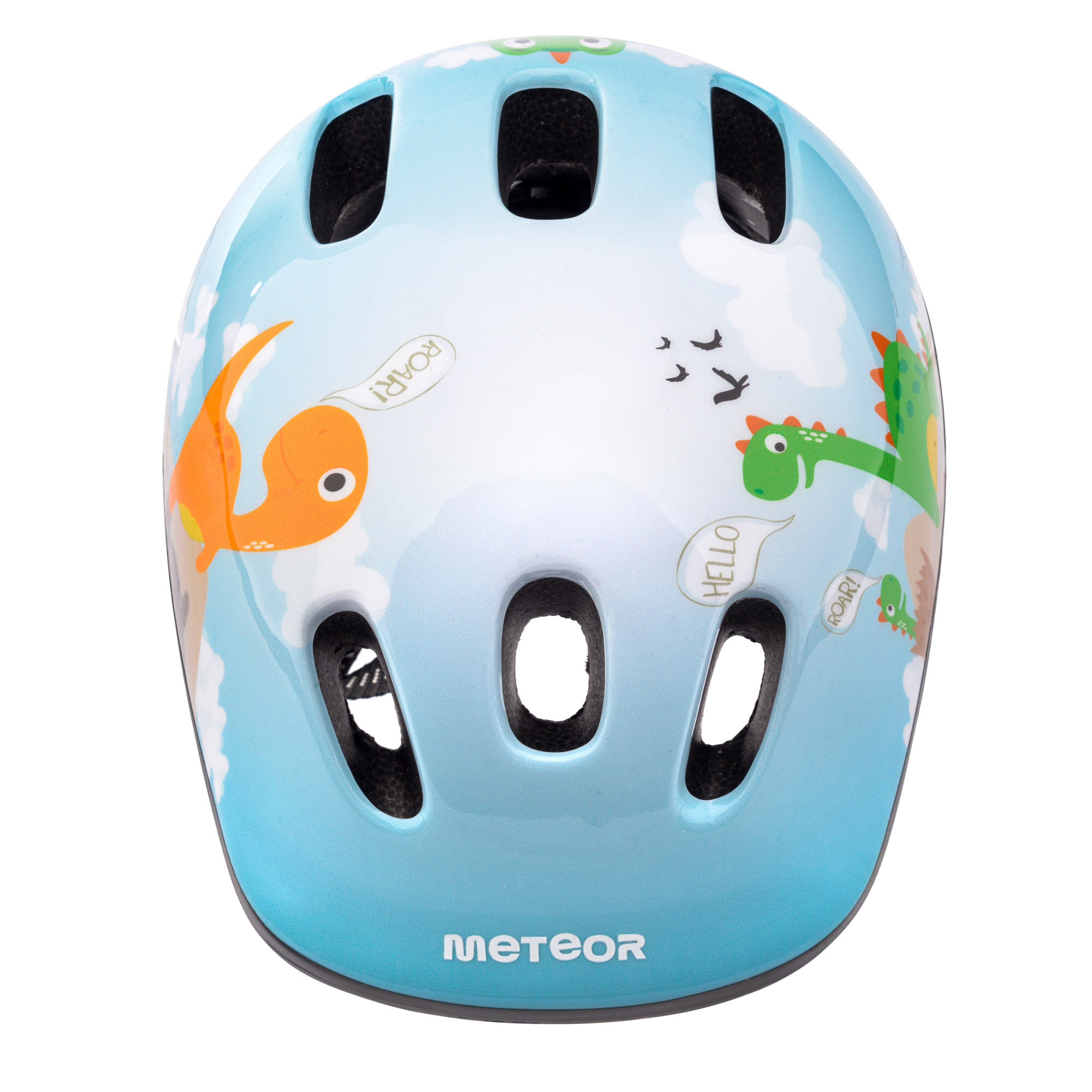 Kask rowerowy dziecięcy z kolorowym wzorem dinozaurów na niebieskim tle. Widoczne napisy: \'ROAR!\', \'HELLO\', oraz logo \'METEOR\'.