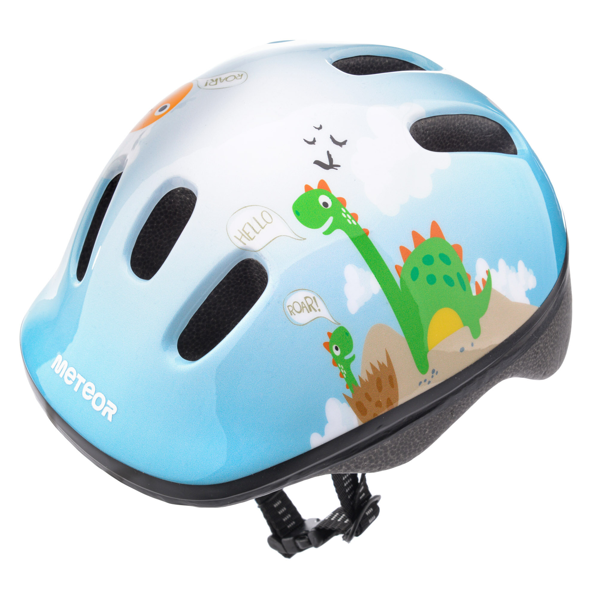 Kask rowerowy dziecięcy z kolorowym motywem dinozaurów na niebieskim tle. Widoczne napisy: \'HELLO\' i \'ROAR!\', oraz logo \'METEOR\'.