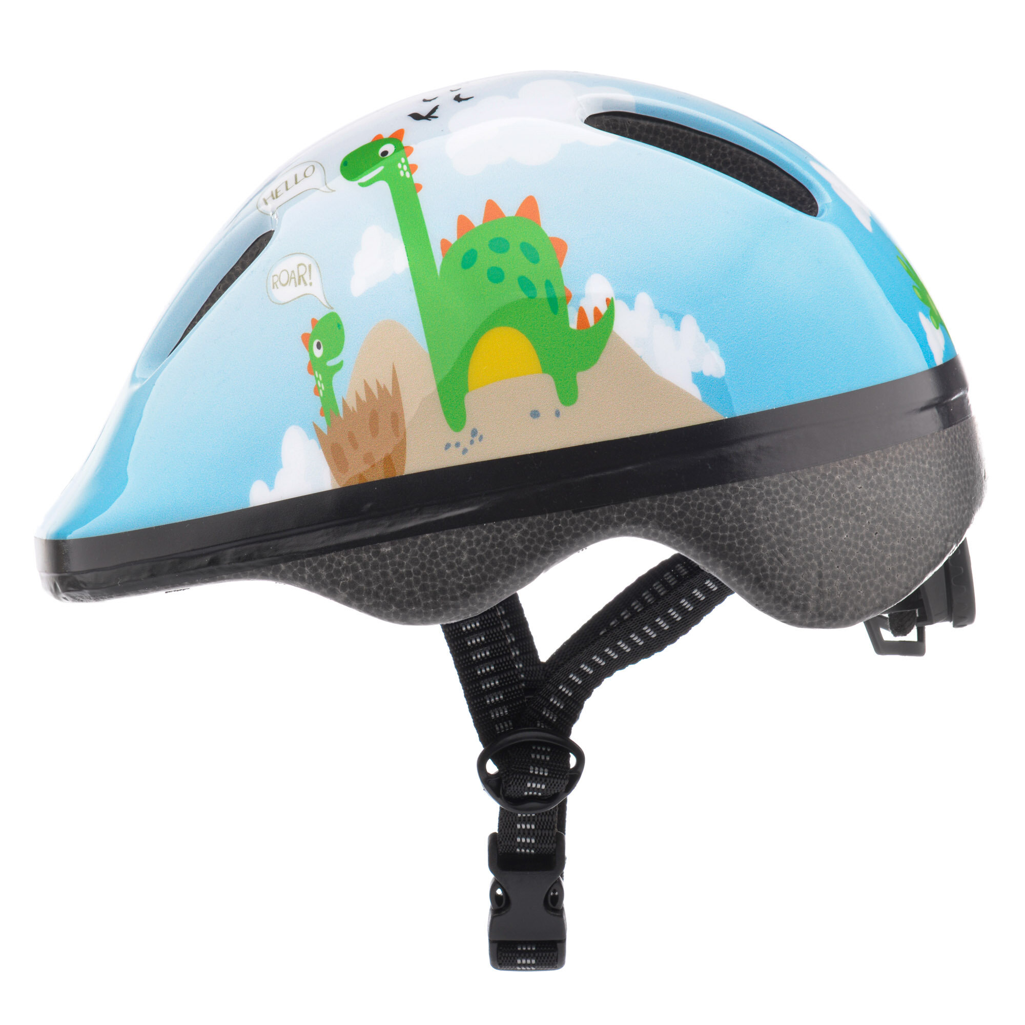 Dziecięcy kask rowerowy z kolorowym motywem dinozaura na tle nieba i chmur. Na kasku widoczne są napisy \'HELLO\' i \'ROAR!\'.