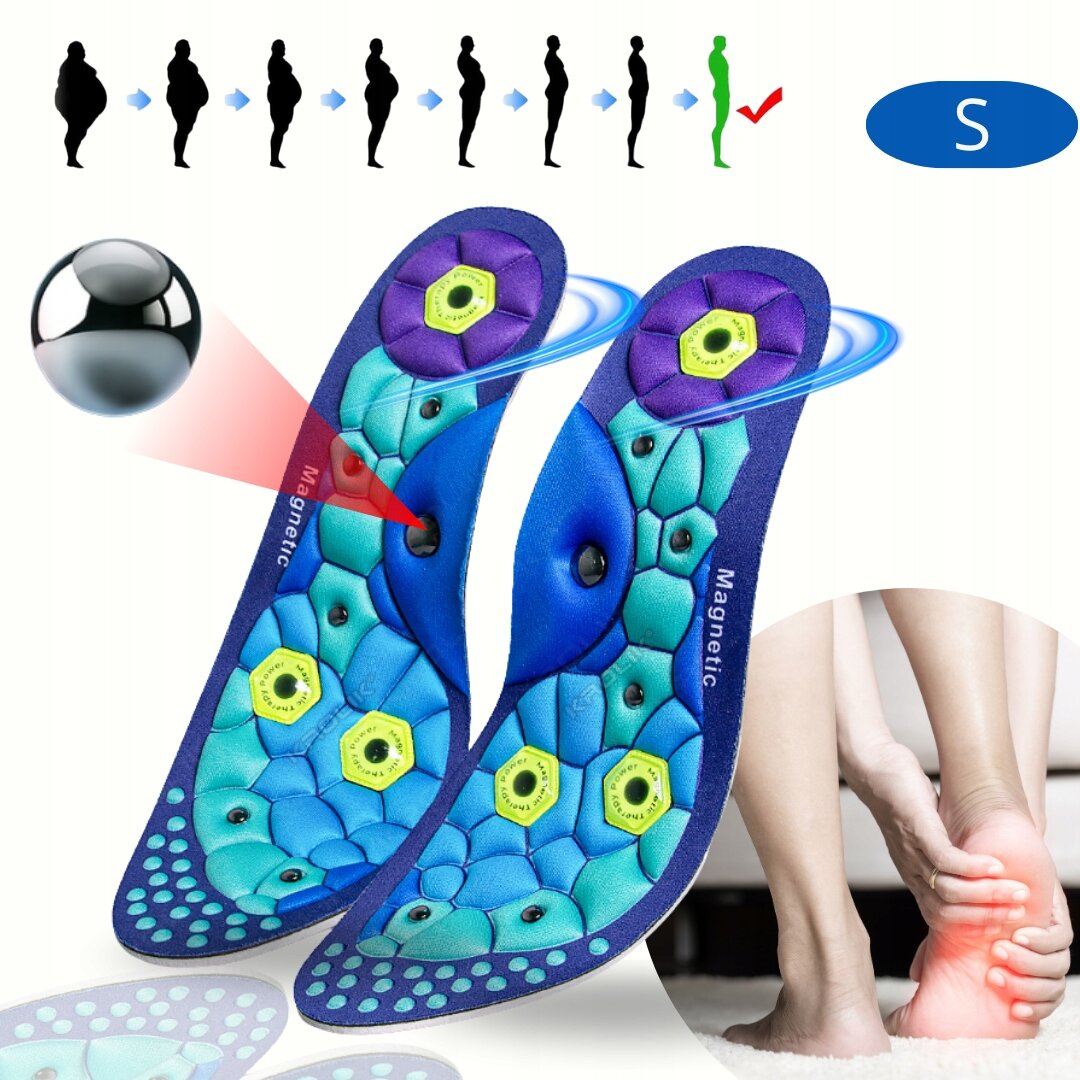 Kolorowe wkładki do butów z oznaczeniem \'Magnetic\' i symbolem \'L\', przedstawione obok grafiki pokazującej zmiany sylwetki oraz zdjęcia osoby masującej stopę.
