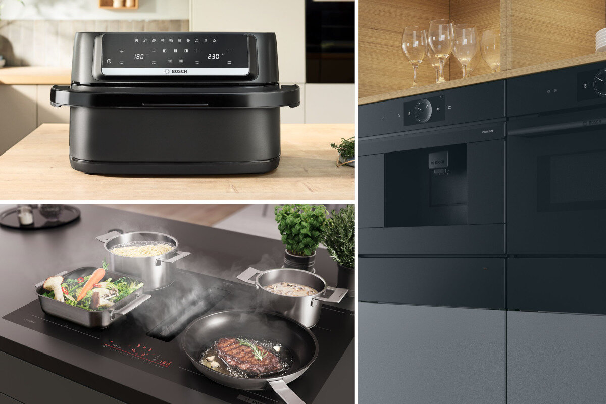 Na obrazie widoczna jest czarna frytkownica beztłuszczowa z wyświetlaczem, na którym widnieje logo BOSCH oraz temperatury 180°C i 230°C. Obok znajduje się kuchnia z garnkami i patelnią na płycie grzewczej oraz szafki kuchenne z piekarnikiem i szklankami na półce.