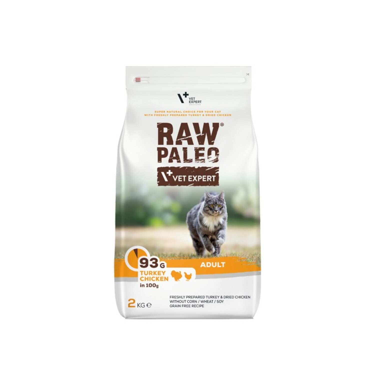 Opakowanie suchej karmy dla kotów dorosłych marki RAW PALEO z indykiem i kurczakiem, o wadze 2 kg. Na opakowaniu widoczny jest kot oraz informacje o składzie: \'93g turkey chicken in 100g\'.