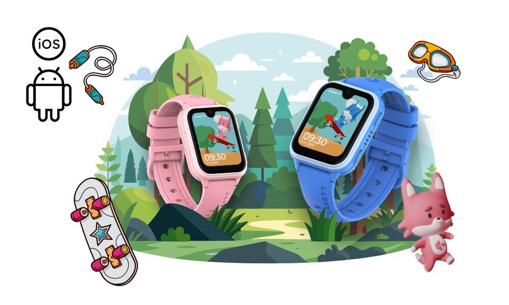 Na ilustracji znajdują się dwa smartwatche w kolorach różowym i niebieskim, umieszczone na tle lasu. Obok widoczne są ikony systemów iOS i Android, kabelków, deskorolki, maski do nurkowania oraz różowego liska.