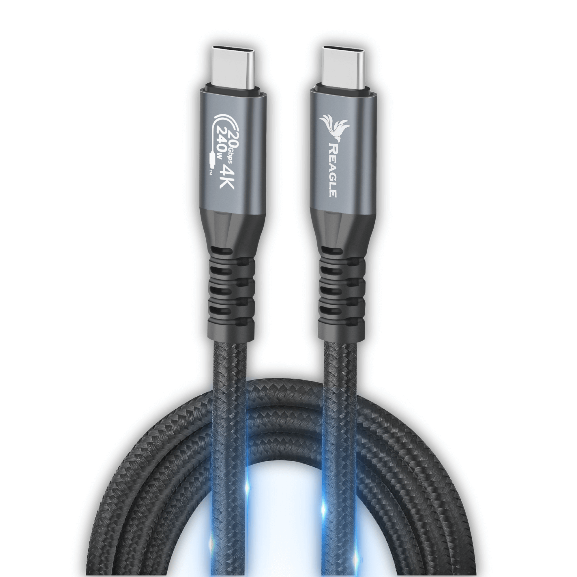 Na obrazie widoczny jest kabel USB-C z dwoma wtyczkami, na których znajdują się napisy \'20Gbps 240W 4K\' oraz \'REAGLE\'. Kabel ma plecioną osłonę i jest podświetlony niebieskim światłem.
