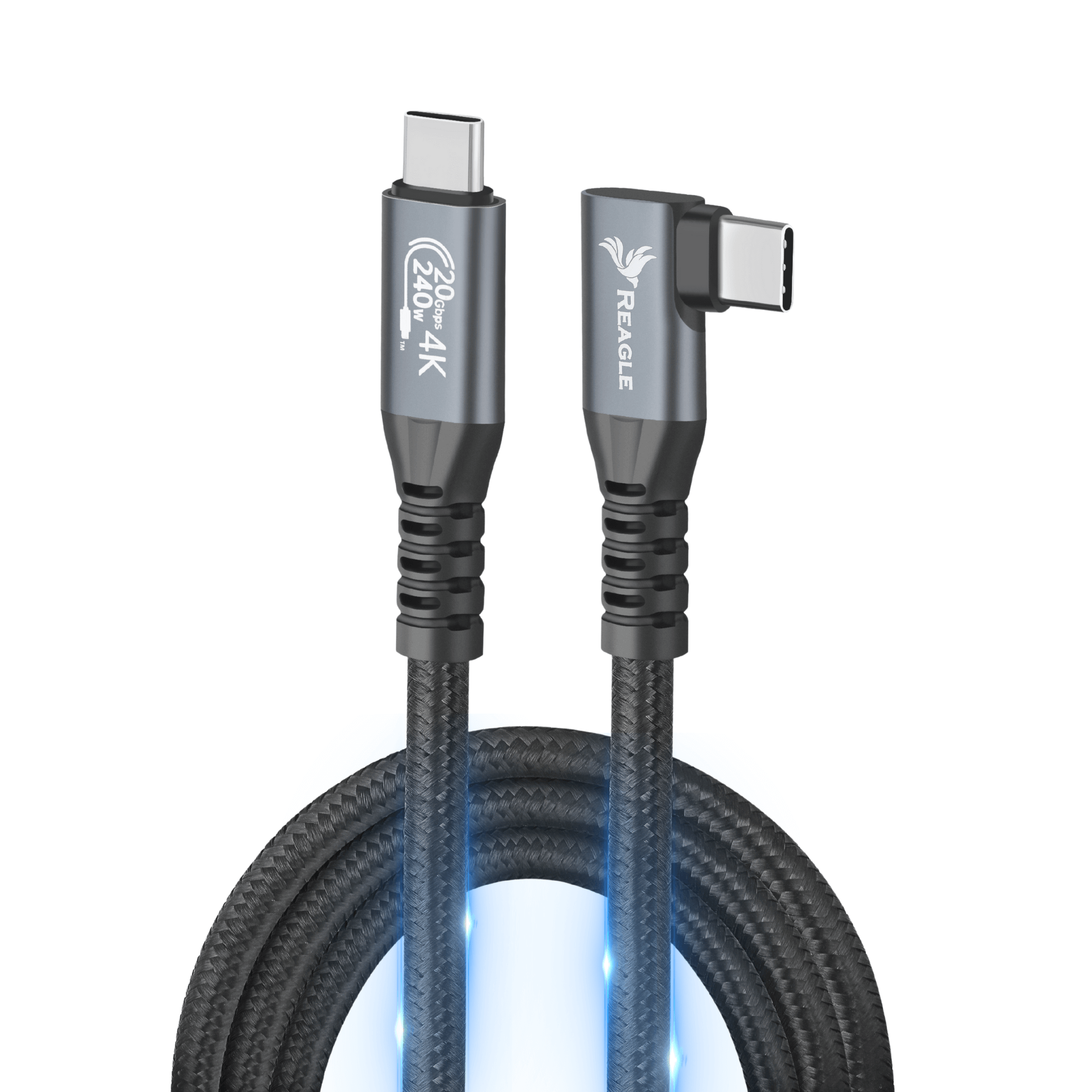 Obraz przedstawia dwa kable USB-C z metalowymi końcówkami, z których jedna jest kątowa. Na jednej końcówce widoczny jest napis \'240W 20Gbps 4K\', a na drugiej logo \'REAGLE\'.