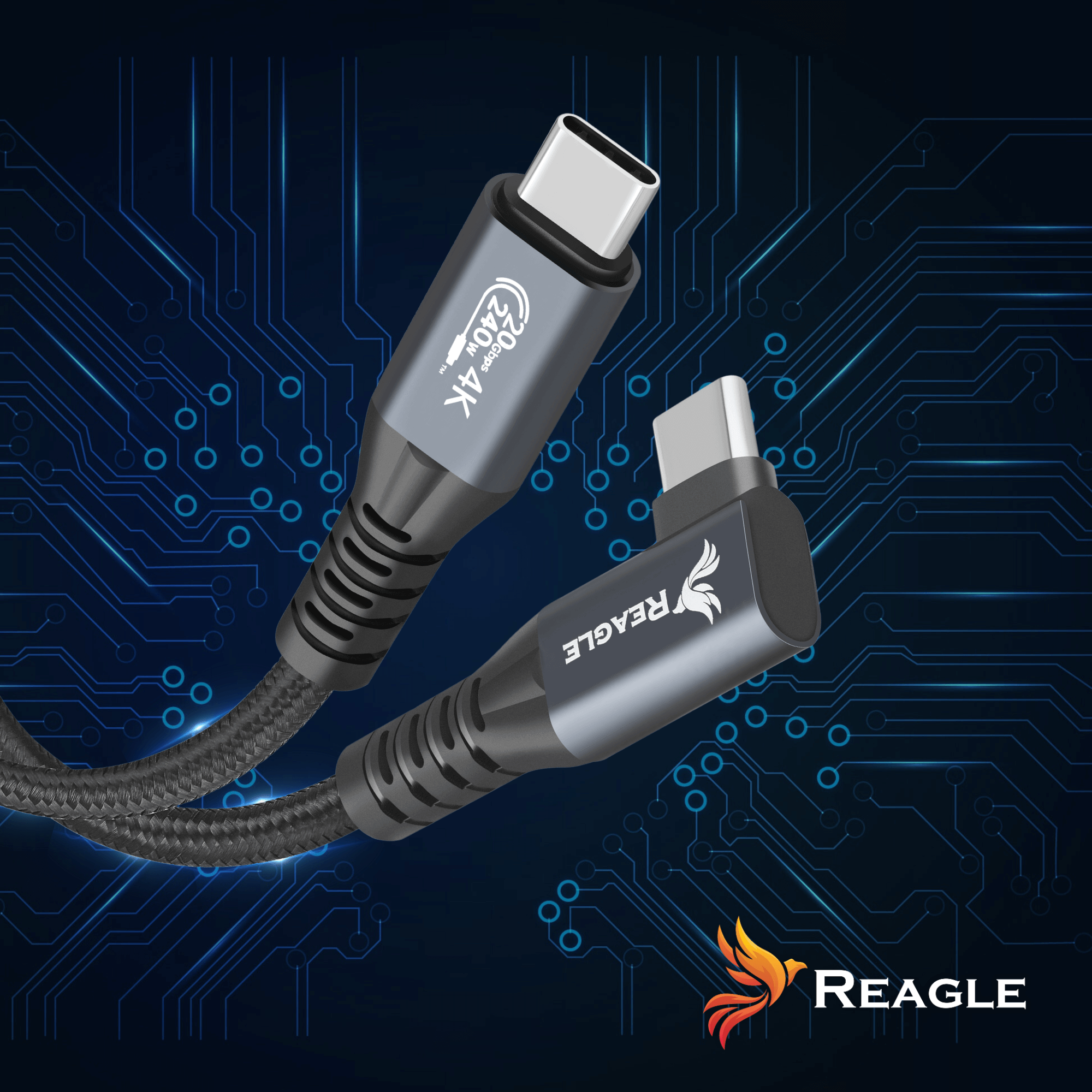 Obraz przedstawia dwa kable USB-C z kątowymi końcówkami, na tle schematu obwodów elektronicznych. Na jednym z kabli widoczny jest napis \'240W 4K\', a na drugim logo \'REAGLE\'.