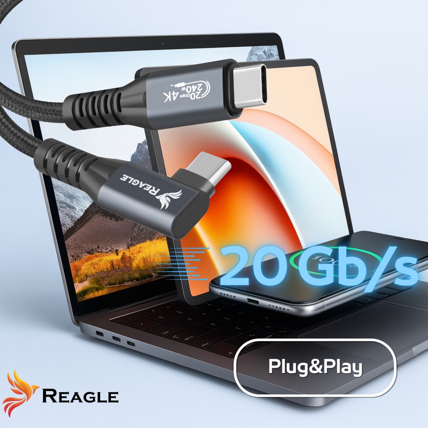 Na obrazie widoczny jest kątowy kabel USB-C z logo \'REAGLE\', podłączony do laptopa i smartfona. Na obrazie znajduje się tekst \'20 Gb/s\' oraz \'Plug&Play\'.