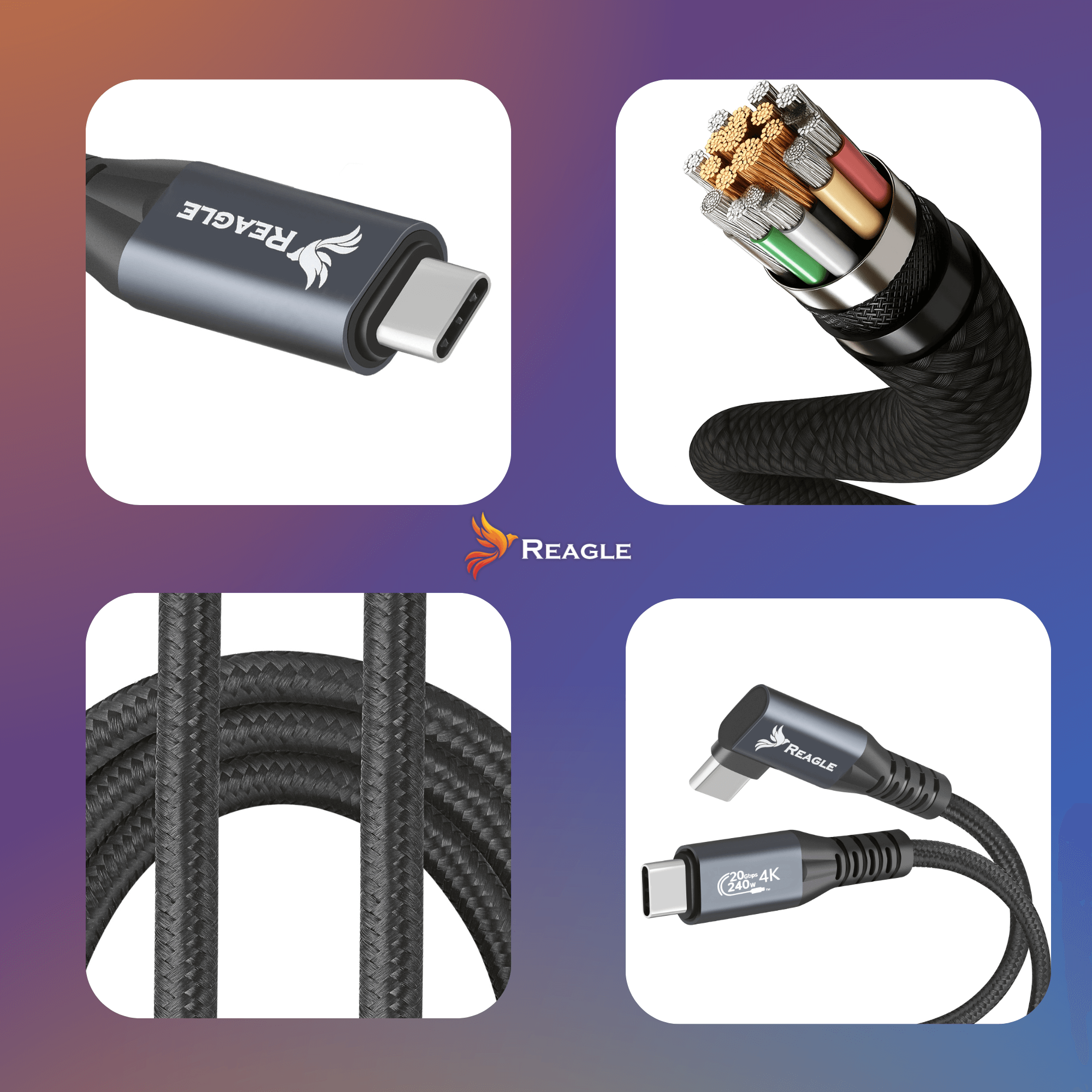 Obraz przedstawia cztery ujęcia kabla USB-C z logo \'REAGLE\'. Kabel ma plecioną osłonę, a jedno z ujęć pokazuje jego wewnętrzną strukturę z kolorowymi przewodami.
