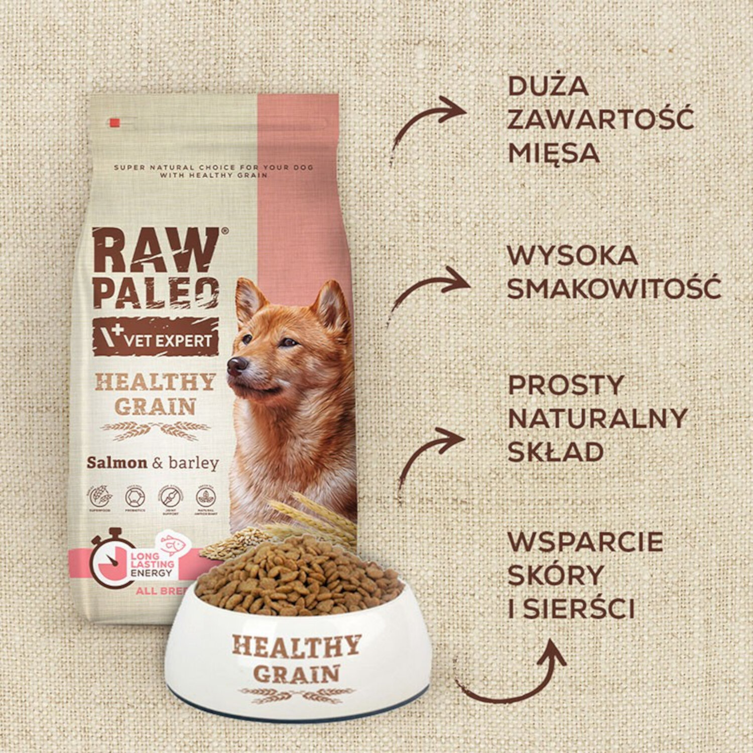 Opakowanie karmy dla psów RAW PALEO HEALTHY GRAIN z wizerunkiem psa i napisami: \'Salmon & barley\', \'DUŻA ZAWARTOŚĆ MIĘSA\', \'WYSOKA SMAKOWITOŚĆ\', \'PROSTY NATURALNY SKŁAD\', \'WSPARCIE SKÓRY I SIERŚCI\'. Obok miska z karmą z napisem \'HEALTHY GRAIN\'.