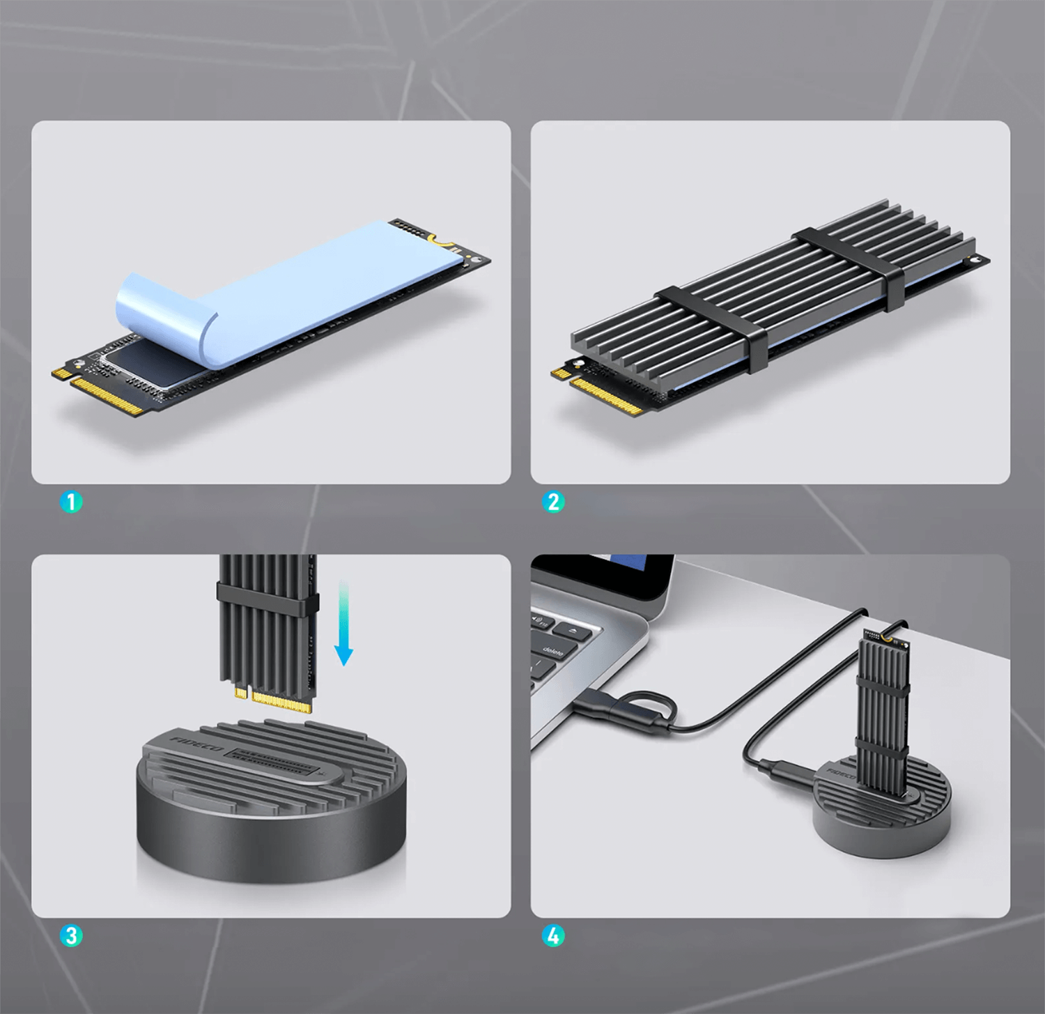 Obraz przedstawia cztery etapy montażu adaptera SSD NVMe PCIe SATA NGFF. Widać proces instalacji dysku M.2 z użyciem radiatora oraz podłączenie do komputera za pomocą kabla USB-C.