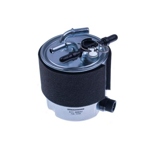 Na obrazie widoczny jest metalowy filtr paliwa z czarną osłoną i kilkoma rurkami na górze. Na filtrze znajduje się napis: \'DENCKERMANN A11 0694V FUEL FILTER\'.