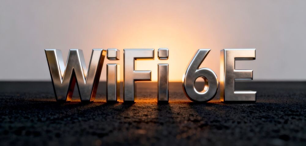 Srebrny napis \'WiFi 6E\' na ciemnym tle z jasnym światłem w tle.