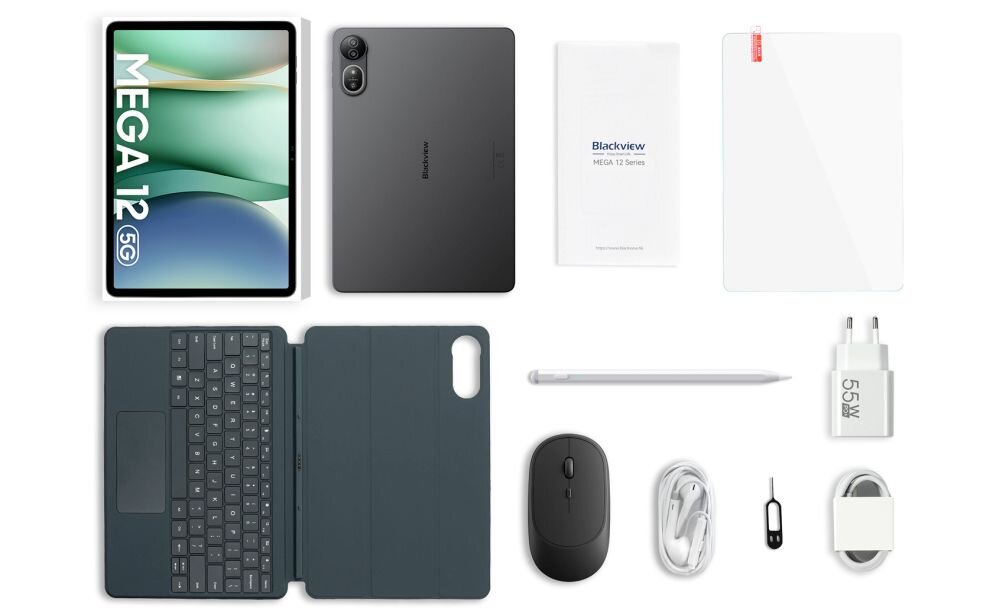 Na obrazie widoczny jest tablet z napisem \'MEGA 12 5G\', klawiatura, mysz, rysik, ładowarka, kabel, instrukcja oraz osłona ekranu. Wszystkie elementy są ułożone na białym tle.