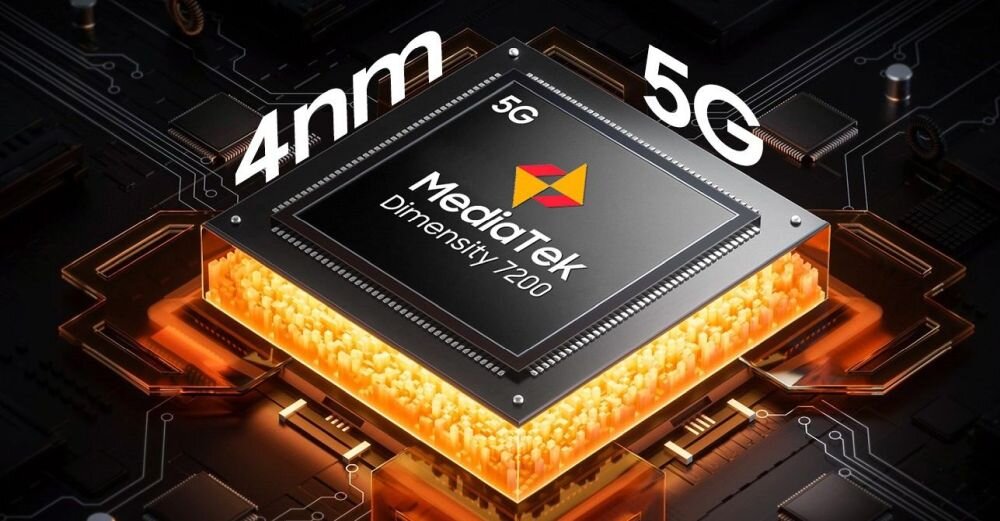 Obraz przedstawia procesor MediaTek Dimensity 7200 z oznaczeniami \'4nm\' i \'5G\'. Procesor jest umieszczony na tle schematu elektronicznego z pomarańczowym podświetleniem.