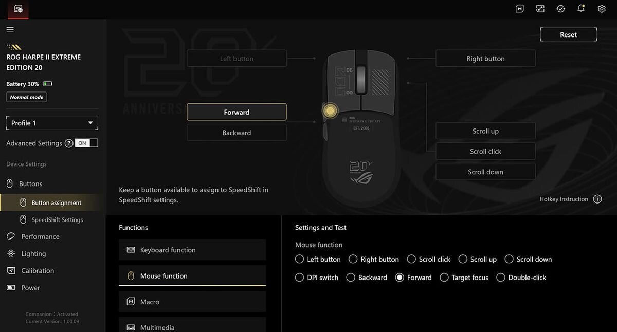 Interfejs oprogramowania do konfiguracji myszy ASUS ROG Harpe II Extreme Edition 20 z widocznymi opcjami przypisania przycisków i funkcji myszy. Na ekranie widoczny jest schemat myszy z oznaczeniami przycisków oraz sekcja ustawień i testów funkcji myszy.