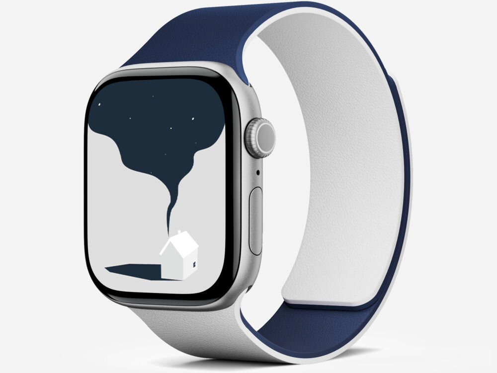 Na obrazie widoczny jest smartwatch z granatowym paskiem, na ekranie którego znajduje się grafika przedstawiająca dom i wirujący kształt przypominający tornado na tle gwiaździstego nieba.